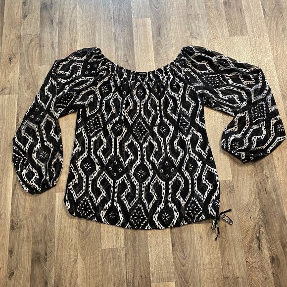 Nine West Patterned Long Sleeve Peasant Blouse Black White Size Medium - Picture 1 of 6
